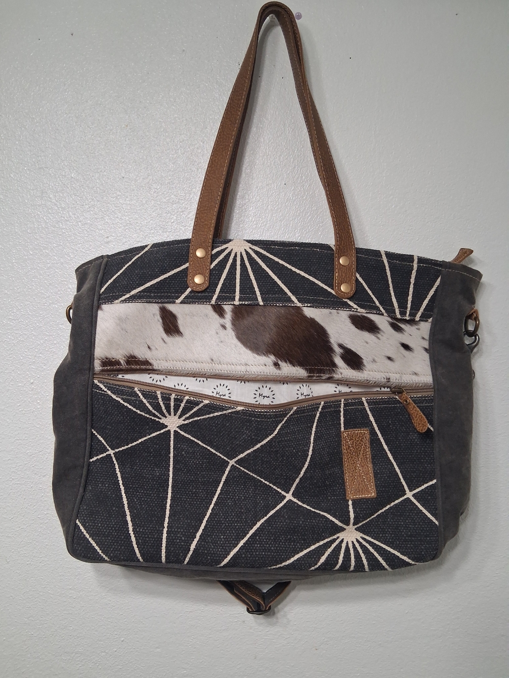 Womans Myra Bag Stylish Black & Brown Canvas Tote with Cowhide Accent